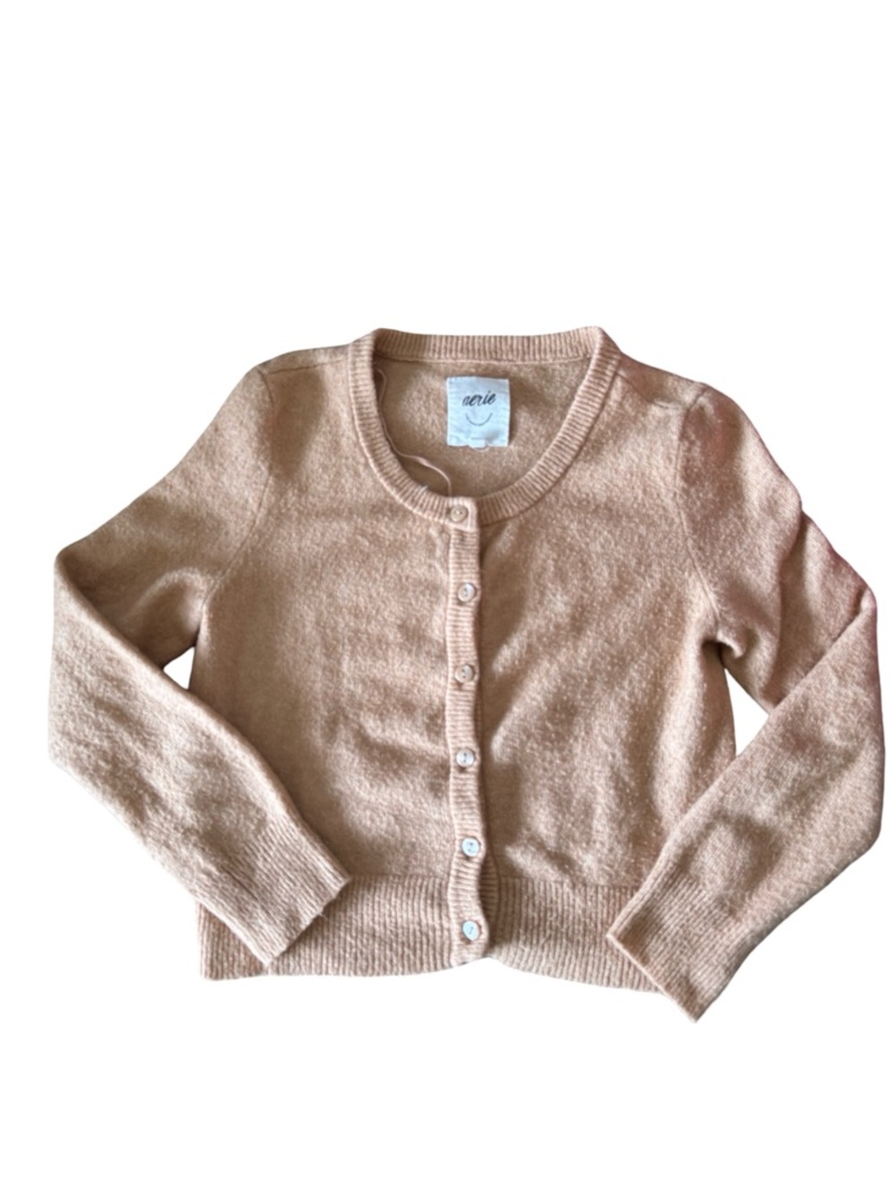 Aerie Cropped Crewneck Button Down Cardigan Sweater Peach Tan Neutral